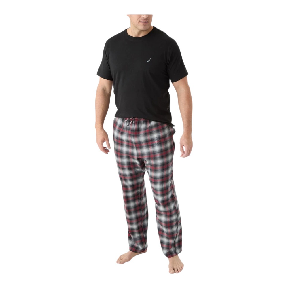 Nautica PJ Set Mens Knit‎ Tee and Flannel Pants Sleepwear Black Red Plaid L